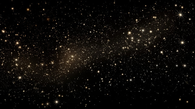 Particules et &eacute;toiles scintillantes et brillantes volant sur fond sombre, noir. Lumi&egrave;re, &eacute;toile, paillette dor&eacute;e et flou. Cosmos, univers, espace. Fond pour banni&egrave;re, conception et cr&eacute;ation graphique.