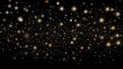 Particules et étoiles scintillantes et brillantes volant sur fond sombre, noir. Lumière, étoile, paillette dorée et flou. Cosmos, univers, espace. Fond pour bannière, conception et création graphique. - obrazy, fototapety, plakaty