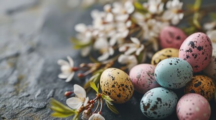 Obraz premium Colorful easter eggs, easter background, composition with easter eggs minimalism. copy space.