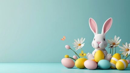 Fototapeta na wymiar Cute fluffy bunny with colorful Easter eggs on colorful background in pastel colors. holy easter day.