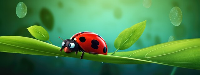 A ladybug crawling on a green leaf with dewdrops. close-up of an insect.