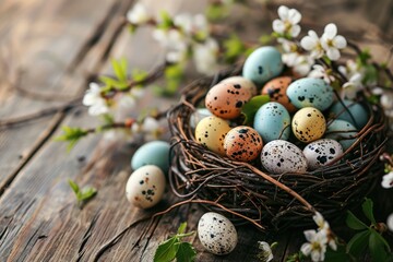 Obraz premium Easter colored eggs in nest on wooden background with spring flowers. easter background. easter background.