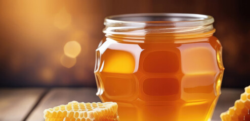 International Honey Day, world Bee Day, glass jar of honey, honeycombs, bokeh background, horizontal banner, place for text - obrazy, fototapety, plakaty