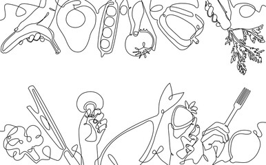 Top and bottom pattern  with Food and Utensils. One line art Style. Background on cooking theme. Can be also yused like vector Frame, Banner, Flyer, graphic Border.