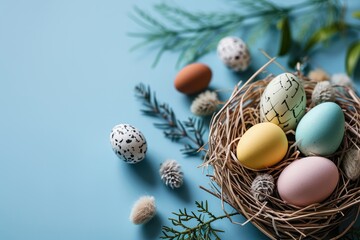 Fototapeta na wymiar Easter colored eggs in nest on wooden background with spring flowers. easter background. easter background.