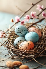 Naklejka na ściany i meble Easter colored eggs in nest on wooden background with spring flowers. easter background. easter background.