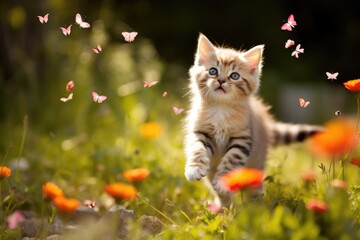 Cute playful kitten on green grass outdoors catching butterflies. Children's pet. - obrazy, fototapety, plakaty