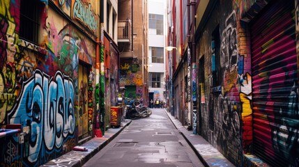 Fototapeta premium Graffiti-Filled Narrow Alleyway Captures Urban Artistic Expression