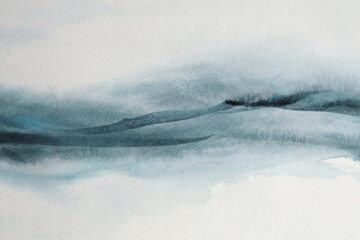 Ink watercolor hand drawn smoke flow stain blot landscape on wet  paper texture background. Beige, blue colors.