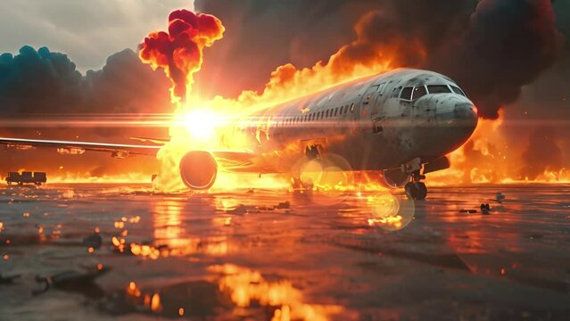 An airplane on fire. Plane crash 
