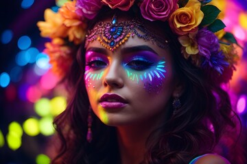 Elegent colourful European, African, Asian, Indian, American girls with flowers crown