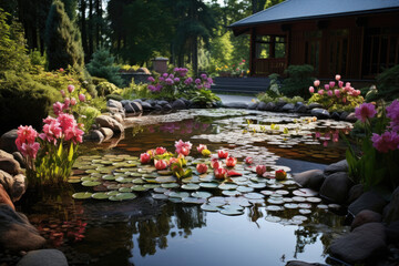 Beautiful designed garden pond with plants in the yard