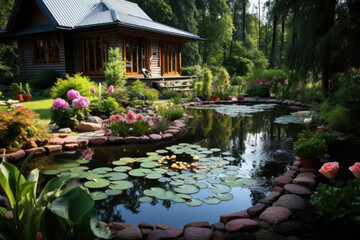 Beautiful designed garden pond with plants in the yard