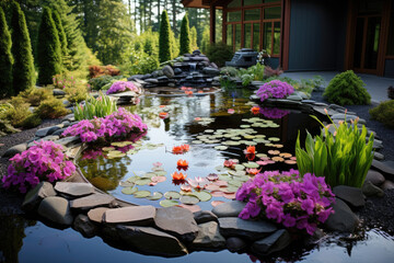 Decorative artificial pond in landscape design - obrazy, fototapety, plakaty