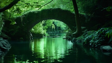A green LED light emanating from beneath the water, casting a natural, soothing glow on the stone bridge, reminiscent of an enchanted forest.