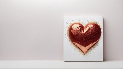 Mockup of valentine's day concept with red glitter hearts on white background, top view, copy space. Greeting card with hearts. Generative AI
