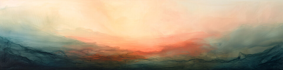 Abstract watercolor landscape with warm sunrise colors. Panoramic painting for tranquil atmosphere and modern art concept
 - obrazy, fototapety, plakaty