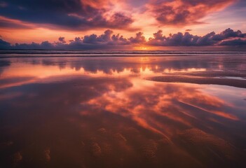 Obraz premium A stunning image of a vibrant sunset with neon color clouds reflected on the wet sand during low tide on beach