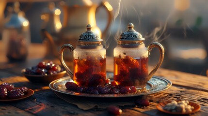 Tea in a glass teapot and cup on a wooden table.