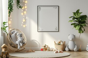 Picture frame on a cream colored wall in a children's room with a bed by the window, decorated with dolls and toys on the wooden floor.