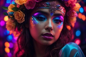 Elegent colourful European, African, Asian, Indian, American girls with flowers crown