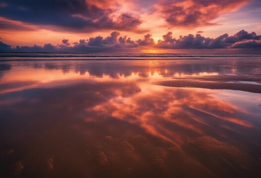 A stunning image of a vibrant sunset with neon color clouds reflected on the wet sand during low tide on beach