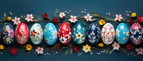 Row of Easter eggs with hand drawn flowers. Horizontal banner