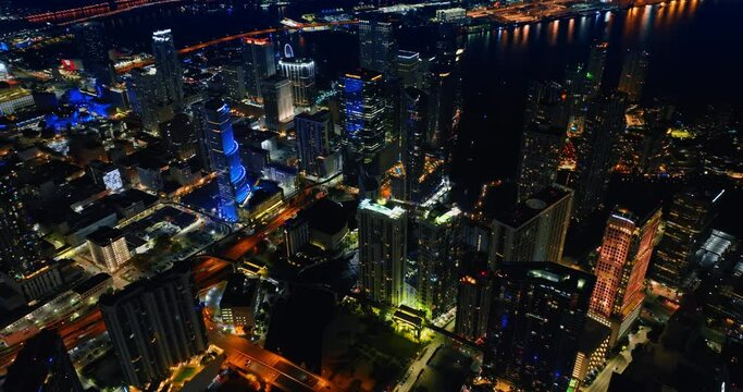 Lively panorama of Miami downtown, Florida, USA. Top view on the city at night.
