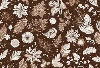 Fototapeten Brown and White Pattern with Leaves Flowers Spirals and Geometric Shape © FrameFinesse