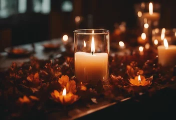 Foto op Canvas Candlelight Whispers Amongst Floral Hues Autumn Night Scene  © FrameFinesse