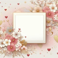 A simple beautiful postcard in the form of a square of white paper on an amazing pastel pink background with golden flowers in the corners