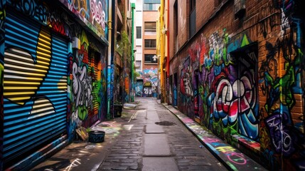 Naklejka premium Graffiti-Laden Narrow Alleyway Captures Urban Street Art Scene