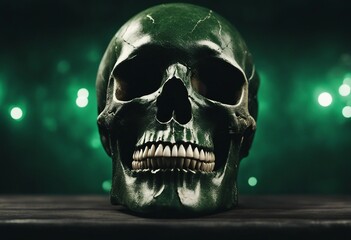 Dark Green Skull with on Wooden Table on Dark Green Background