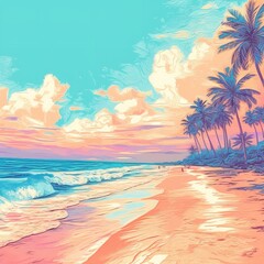 Fototapeta na wymiar Pastel Colors of Tropical Beach Drawing Background