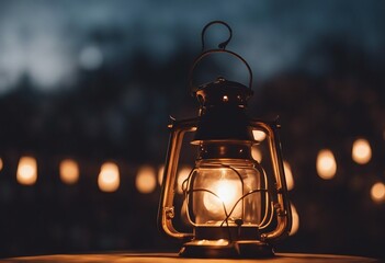 Fototapeta na wymiar Crescent Moon Watching Over a Lantern Warm Glow in Night