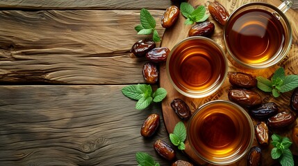 Cup of tea with dates and mint on a wooden table. Top view