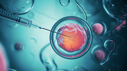 IVF, In vitro fertilisation. Fertilized egg cell and needle  - obrazy, fototapety, plakaty