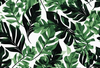 Green and Black Abstract Leaves on White Background