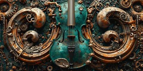 surreal steampunk relief, musical abstract pattern made of patinated copper	
