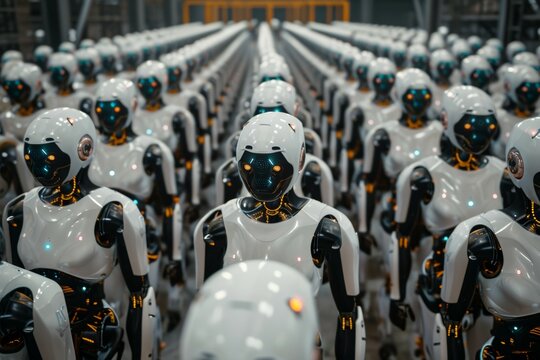 Ready-to-use humanoid robots are waiting in a large warehouse