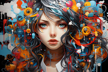 portrait of a woman with a painted face with abstract art