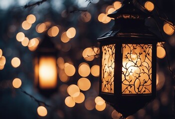 Enchanted Evening Lights through Delicate Lantern Patterns with Bokeh Background