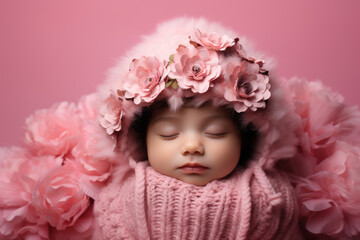 Fototapeta premium Sleeping newborn baby on pink background