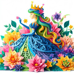 Obraz premium Discover enchantment as a colorful Kirigami princess reigns amidst a vibrant floral background. Isolated in white, this image captures the essence of a whimsical fairy tale