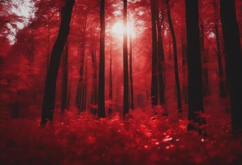 Forest With Trees In Red Effect HD Red Aesthetic Wallpapers Creepy neon red over saturated forest trees