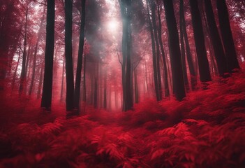 Forest With Trees In Red Effect HD Red Aesthetic Wallpapers Creepy red over saturated forest trees