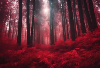 Foto op Canvas Forest With Trees In Red Effect HD Red Aesthetic Wallpapers Creepy red over saturated forest trees © FrameFinesse