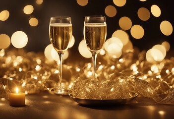 Two Champagne Glasses with a Candle Golden Glow of Festive Celebration 
