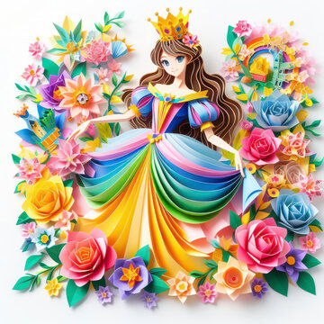 Discover enchantment as a colorful Kirigami princess reigns amidst a vibrant floral background. Isolated in white, this image captures the essence of a whimsical fairy tale