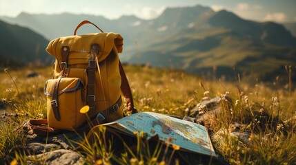 A minimalist yellow backpack next to a vintage map of Europe, placed on a grassy field with a panoramic view of mountains - obrazy, fototapety, plakaty